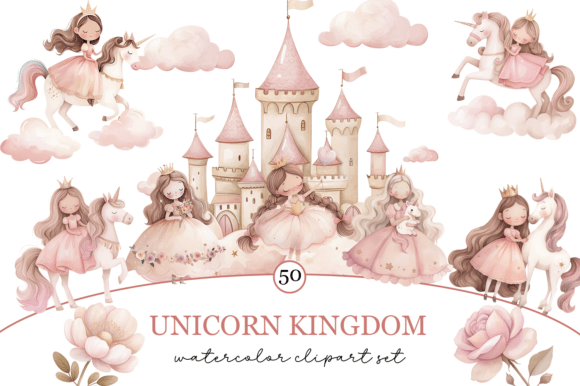 Download Watercolor Pink Princess and Unicorn - Princess Collection